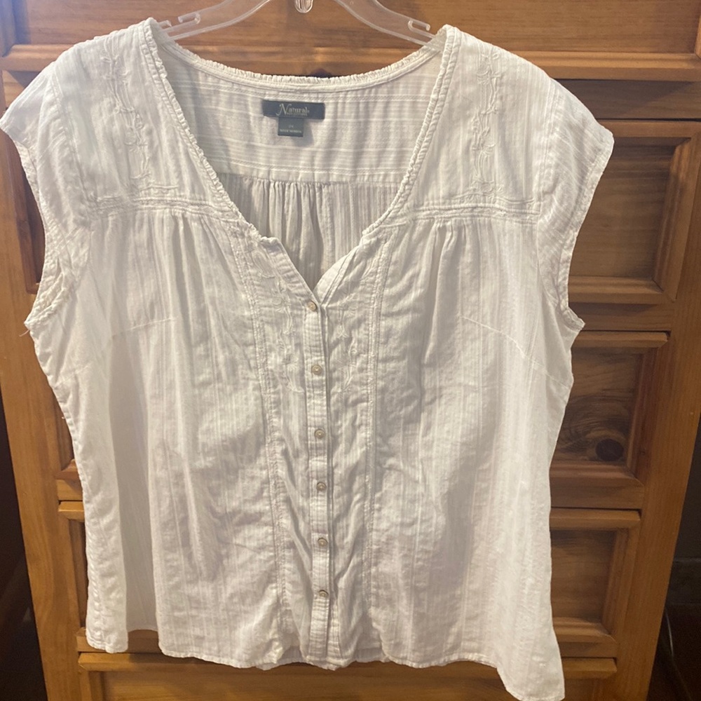 Natural Reflections White Cap-Sleeve Button Front Blouse with Pintuck Detail